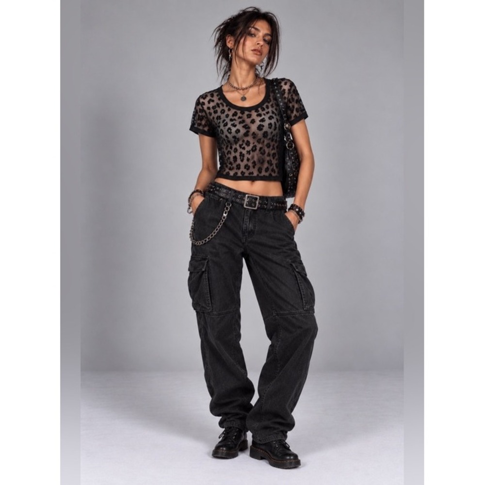 Wet Seal Womens XS Black Sheer Leopard Mesh Lace Crop Top Y2K Grunge Whimsigoth
